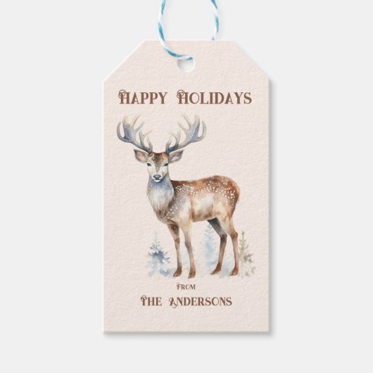 ハッピーホリデイズウォーターカラートナカイパーソナライズされたア ギフトタグ (正面)