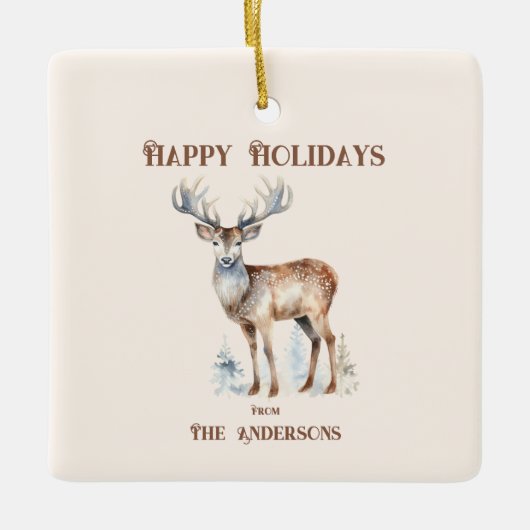 ハッピーホリデイズウォーターカラートナカイパーソナライズされたア セラミックオーナメント (正面)