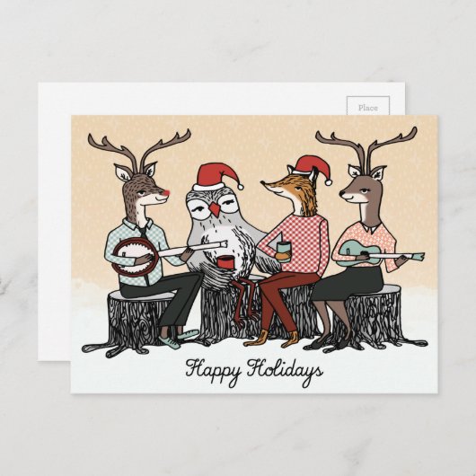 ハッピーホリデイズウッドランドアニマルズスタンプミュージックカード シーズンポストカード (正面/裏面)