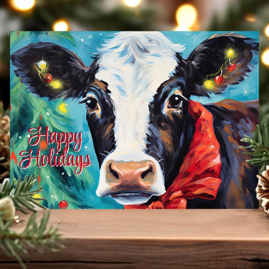 ハッピーホリデイズクリスマスカウウィズボウ シーズンカード