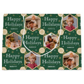 ハッピーホリデイズクリスマススノーフレークフォトグリーン ラージペーパーバッグ (正面)