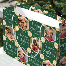 ハッピーホリデイズクリスマススノーフレークフォトグリーン ラージペーパーバッグ