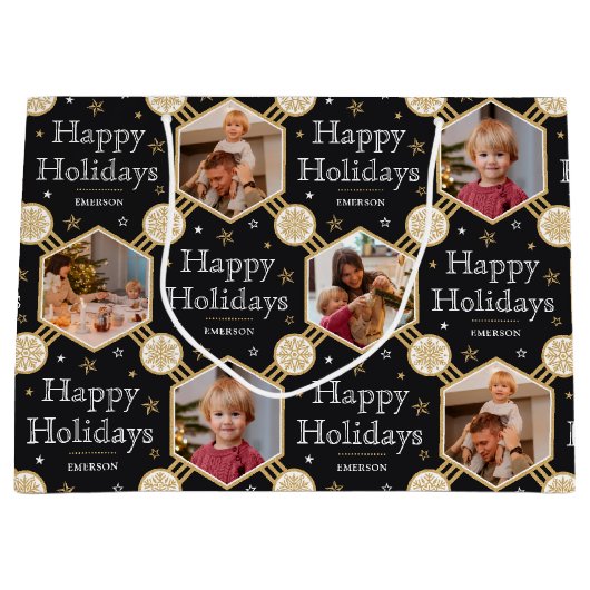 ハッピーホリデイズクリスマススノーフレークフォトブラック ラージペーパーバッグ (正面)