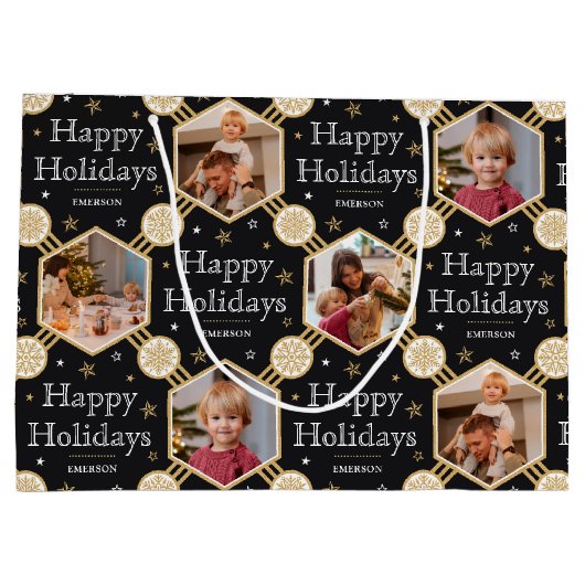 ハッピーホリデイズクリスマススノーフレークフォトブラック ラージペーパーバッグ (裏面)