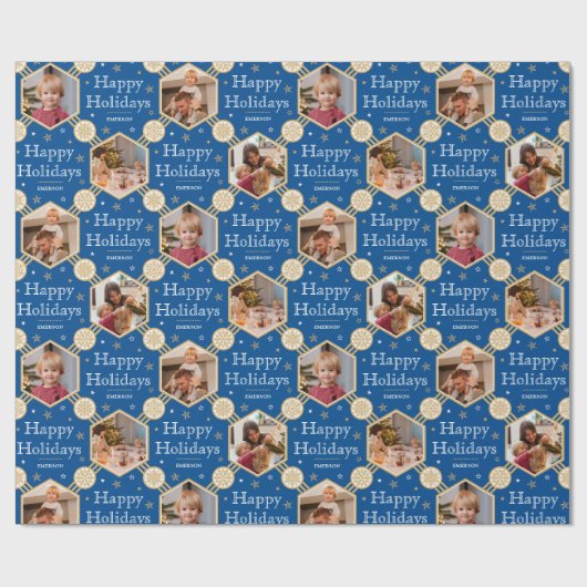 ハッピーホリデイズクリスマススノーフレークフォトブルー ラッピングペーパー (フラット)