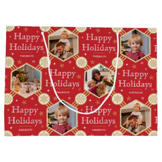 ハッピーホリデイズクリスマススノーフレーク写真レッド ラージペーパーバッグ (裏面)