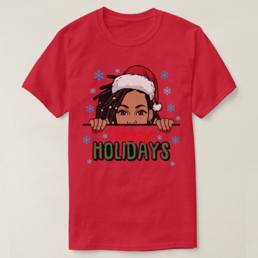 ハッピーホリデイズクリスマススノーメラニン女性ブラック Tシャツ (デザイン正面)