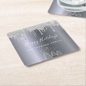 ハッピーホリデイズクリスマスズシルバーグリッターフォレストツリー スクエアペーパーコースター (アングル)