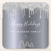 ハッピーホリデイズクリスマスズシルバーグリッターフォレストツリー スクエアペーパーコースター (正面)