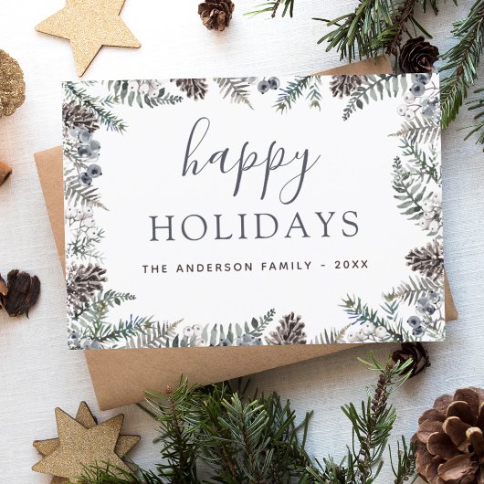 ハッピーホリデイズクリスマスダスティブルーグリーンリーホリド シーズンポストカード