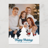 ハッピーホリデイズクリスマスツリーズファミリーフォトブルー シーズンポストカード (正面)