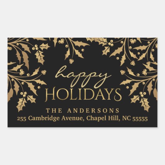 ハッピーホリデイズクリスマスホリー金ゴールドホイルフェイクー 長方形シール (正面)