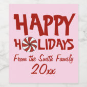 ハッピーホリデイズクリスマスレッドペパーミントキャンディーケーン ワインラベル (シングルラベル)