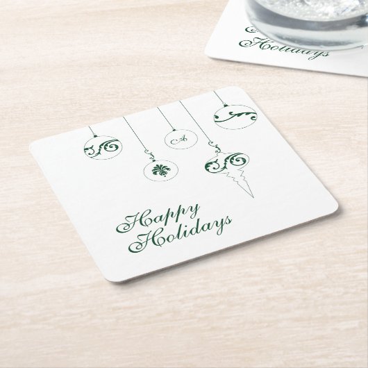 ハッピーホリデイズグリーンモノグラムバウブルオーナメント スクエアペーパーコースター (アングル)