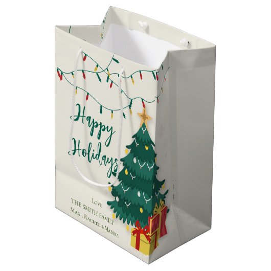 ハッピーホリデイズストリングライトツリーキュートクリスマス ミディアムペーパーバッグ (正面アングル)