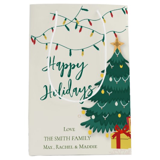 ハッピーホリデイズストリングライトツリーキュートクリスマス ミディアムペーパーバッグ (正面)