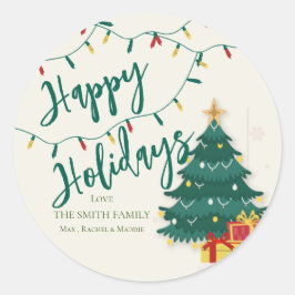 ハッピーホリデイズストリングライトツリーキュートクリスマス ラウンドシール