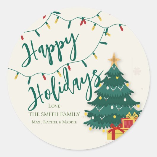ハッピーホリデイズストリングライトツリーキュートクリスマス ラウンドシール (正面)