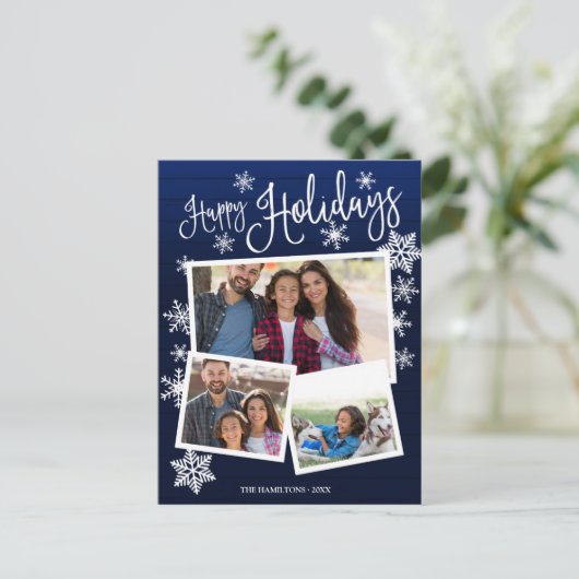 ハッピーホリデイズスノーフレーク素朴3枚コラージュ ポストカード (スタンド正面)