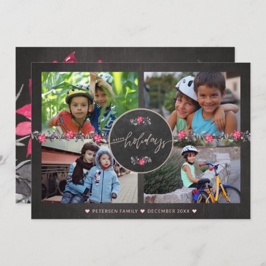 ハッピーホリデイズチョークボードポインセチア写真コラージュ シーズンカード (正面/裏面)