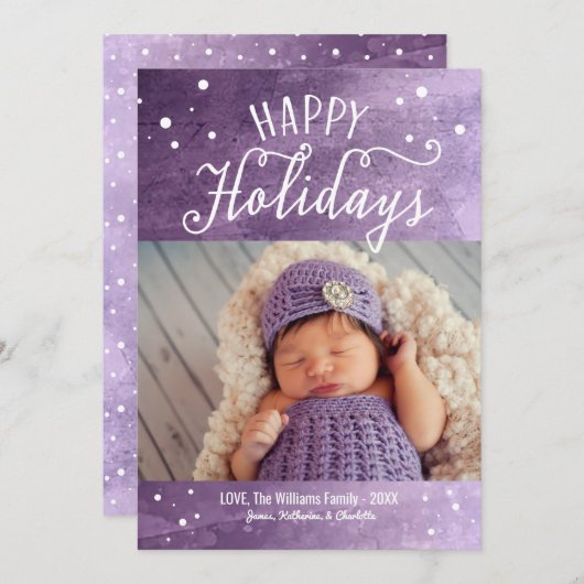 ハッピーホリデイズパープルスノーウィーウォーターカラー写真 シーズンカード (正面/裏面)