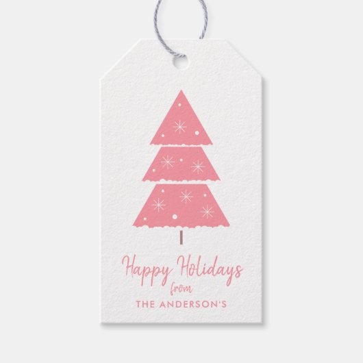 ハッピーホリデイズピンククリスマスツリー雪の結晶 ギフトタグ (正面)