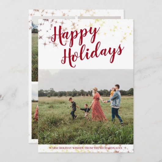 ハッピーホリデイズファミリーフォトコラージュ金ゴールドスター シーズンカード (正面/裏面)