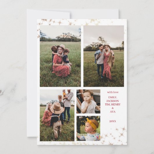 ハッピーホリデイズファミリーフォトコラージュ金ゴールドスター シーズンカード (裏面)