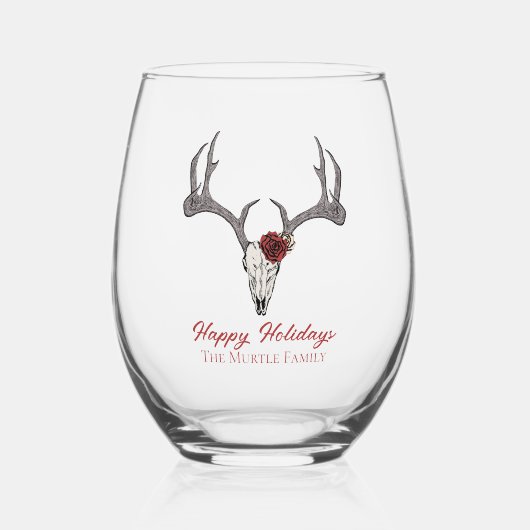 ハッピーホリデイズフローラトナカイスカルブルスカル ステムなしワイングラス (正面)