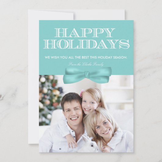 ハッピーホリデイズブルーボウシェブロンフォトカード シーズンカード (正面)
