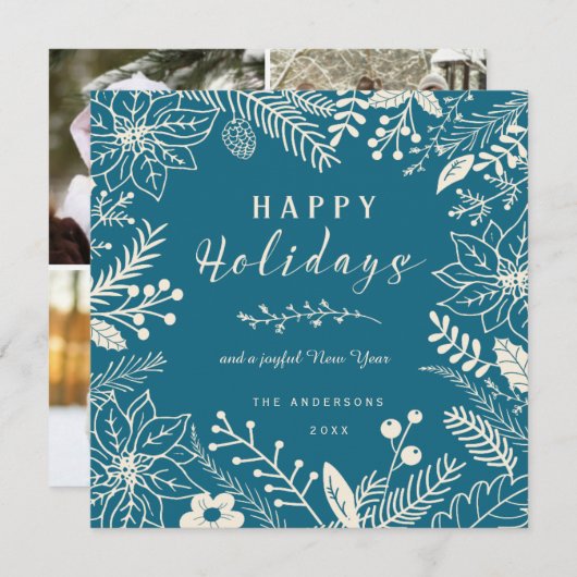 ハッピーホリデイズブルーボタニックスクエアフォトコラージュ シーズンカード (正面/裏面)