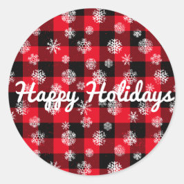 ハッピーホリデイズラースノーフレークレッドバッファロープレイド ラウンドシール
