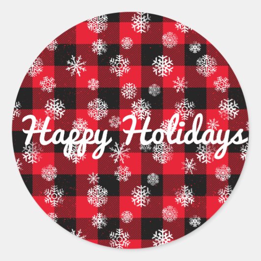 ハッピーホリデイズラースノーフレークレッドバッファロープレイド ラウンドシール (正面)