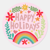 ハッピーホリデイズレインボーカワイハンドドローカラフルド ラウンドシール (正面)