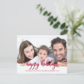 ハッピーホリデイズレッドカリグラフィーフォトクリスマス ポストカード (スタンド正面)