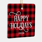 ハッピーホリデイズレッドバッファロープレイドファミリーフォト セラミックオーナメント (右)