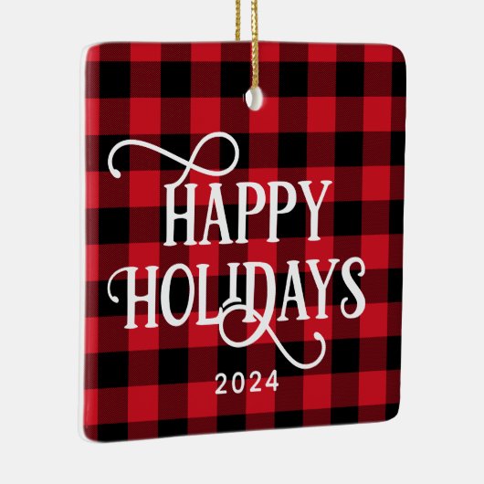 ハッピーホリデイズレッドバッファロープレイドファミリーフォト セラミックオーナメント (右)
