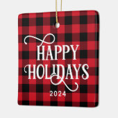 ハッピーホリデイズレッドバッファロープレイドファミリーフォト セラミックオーナメント (左)