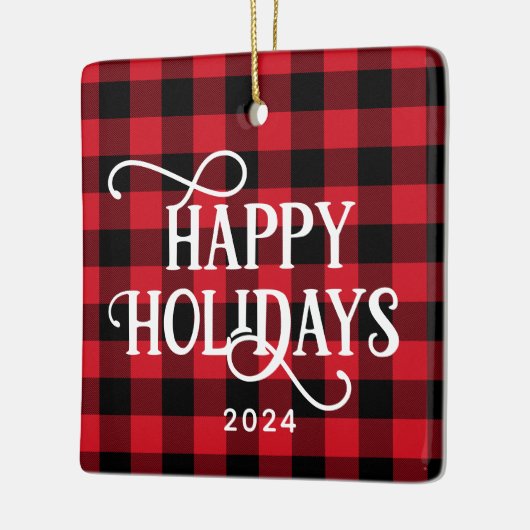 ハッピーホリデイズレッドバッファロープレイドファミリーフォト セラミックオーナメント (左)