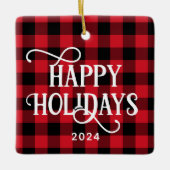 ハッピーホリデイズレッドバッファロープレイドファミリーフォト セラミックオーナメント (正面)