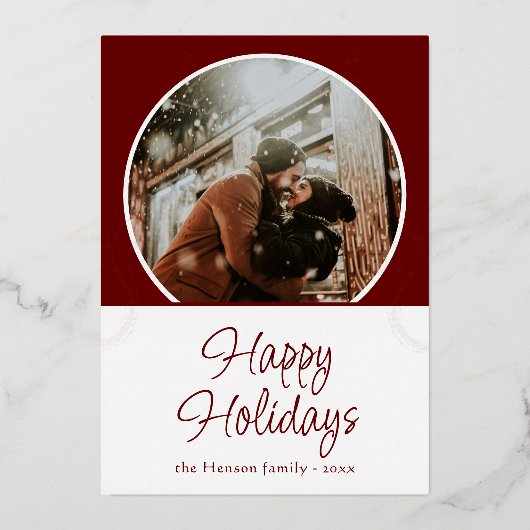 ハッピーホリデイズレッドブロージファミリーフォトバラ金ゴールド 箔シーズンカード (正面)