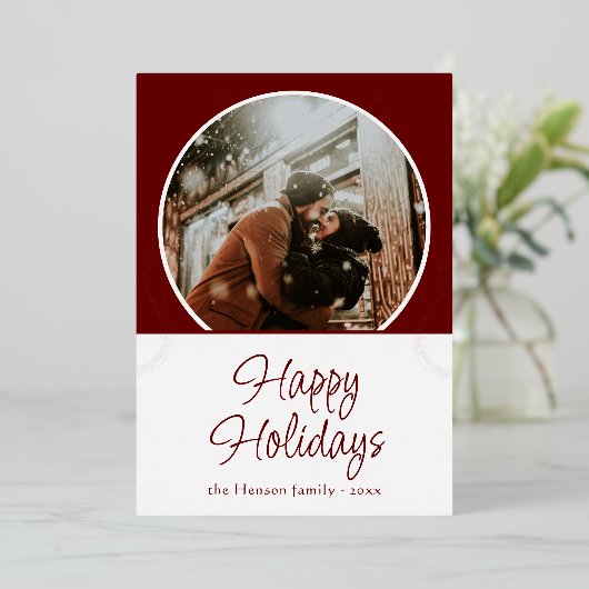 ハッピーホリデイズレッドブロージファミリーフォトバラ金ゴールド 箔シーズンカード (立ち正面)
