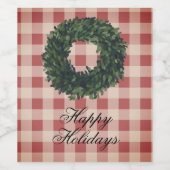 ハッピーホリデイズレッドプレイドタイポグラフィリース ワインラベル (シングルラベル)