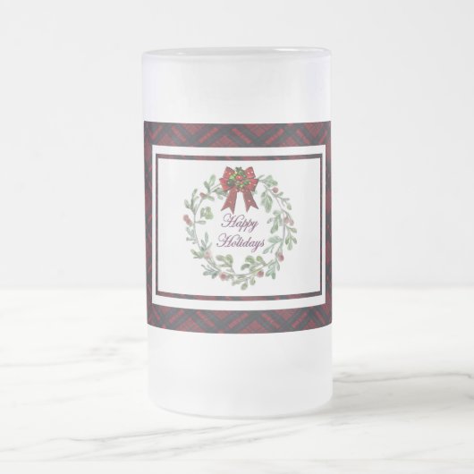 ハッピーホリデイズレッドプレイド フロストグラスビールジョッキ (中央)