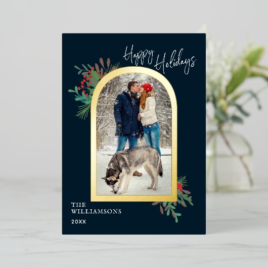 ハッピーホリデイズ金ゴールドアルチボタニカルフォトファミリー 箔シーズンカード (立ち正面)