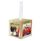 ハッピーホリデイ3ファミリーフォトホリー&金ゴールドパターン キューブオーナメント (正面アングル)