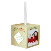 ハッピーホリデイ3ファミリーフォトホリー&金ゴールドパターン キューブオーナメント (裏面アングル)