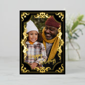 ハッピーホリデーあなたの写真と文字実在金ゴールドを追加 箔シーズンカード (立ち正面)