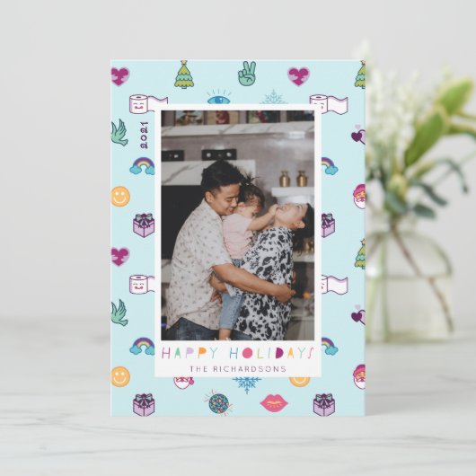 ハッピーホリデーおもしろいクリスマス絵文字パターン写真 シーズンカード (スタンド正面)