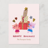 ハッピーホリデーかわいい猫とギフト柔らかいピンク シーズンポストカード (正面)